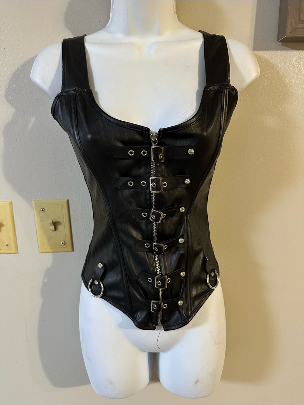 Black Faux Leather Buckle Front Corset Top
